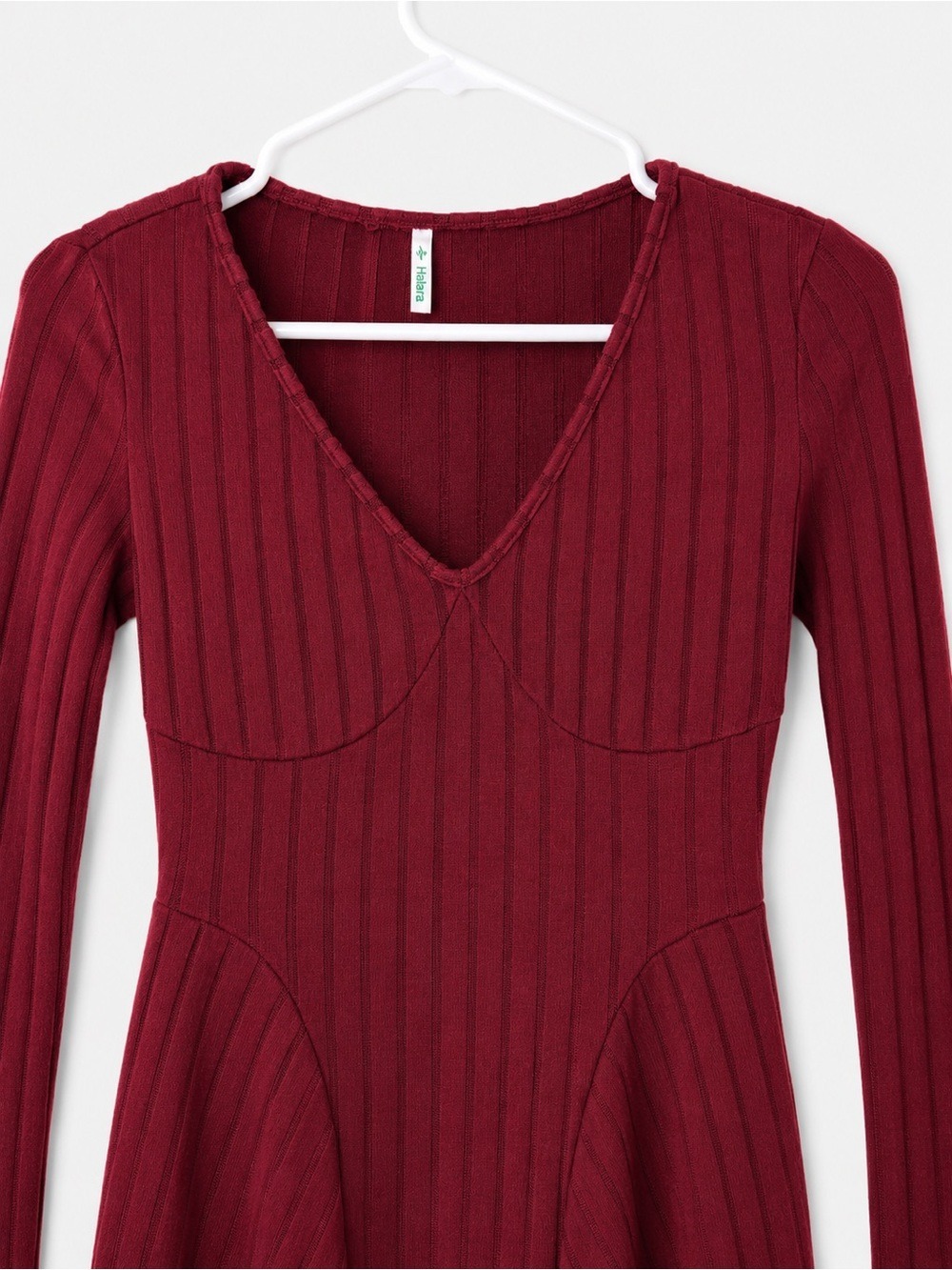 Halara Ribbed Knit V Neck Long Sleeve Fit & Flare Mini Dress XS NWT - Picture 5 of 9